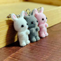 Flocked Bunny Figure Keychains in White, Pink and Gray view 2