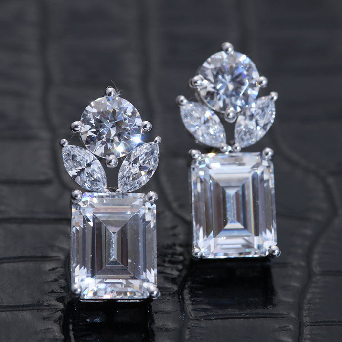 Silver Emerald-Cut Clear CZ Drop Stud Earrings Pair