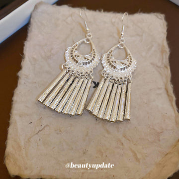 Silver Tone Crescent Fringe Drop Earrings with Hooks