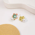 Peach and Blue Enamel Look Flower Pearl Drop Stud Earrings view 3