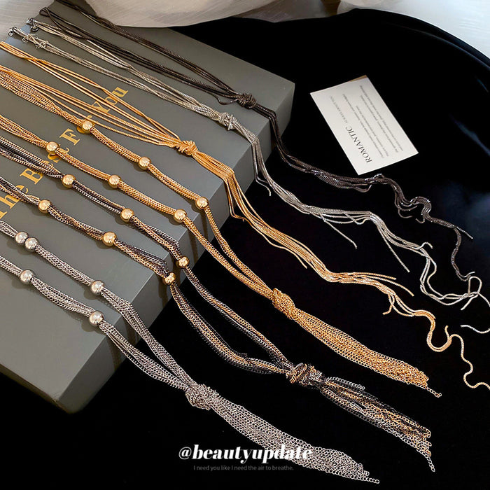 Multi Strand Mesh Chain Knot Tassel Necklace Silver or Gunmetal