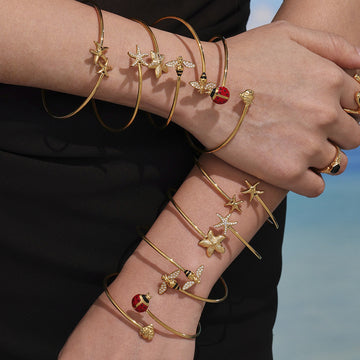 Gold Open Cuff Bracelets Dual Starfish Bee Ladybug Charms