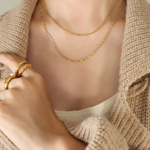 Gold Double Layer Snake And Twisted Chain Necklace Two Strand