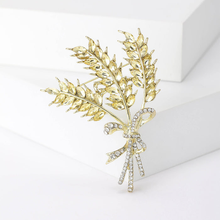 Gold Crystal Wheat Bouquet Brooch Pin With Tied Stems