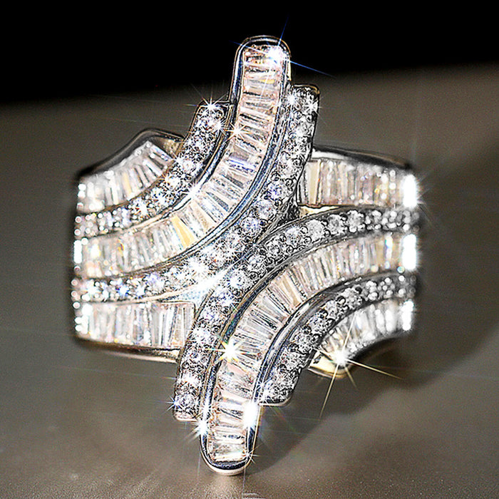 White Gold Geometric Baguette Crystal Cross Ring Sizes 6-10
