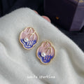Gold Rim Pink Purple Enamel Shell Stud Earrings Pearl Accent view 4