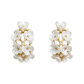 Gold Tone White Pearlescent Flower Cluster Half Hoop Stud Earrings view 5