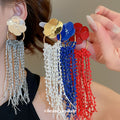 Metal Flower And Fine Chain Fringe Earrings In Two Tones view 2