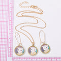Gold Tone Round Kimono Cat Pendant Necklace and Long Hook Earrings view 4