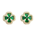 Gold Emerald Green Clover Pave Crystal Stud Earrings view 5