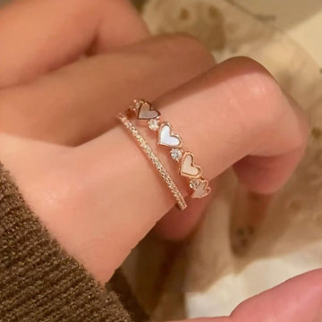 Rose Gold Pearl Heart Double Open Ring Crystal Band