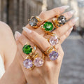 Gold Open Band Rings Large Round Faceted Stones Green Black Pink Purple view 2