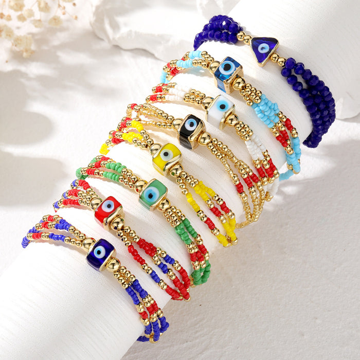 Multistrand Seed Bead Evil Eye Bracelets in Eight Colors
