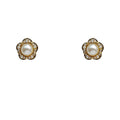 Gold Flower Pearl Stud Earrings Seed Pearl Halo Rim view 5