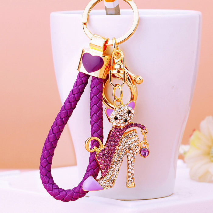 High Heel Cat Keychains in Pink Blue and Purple with Braided Loops
