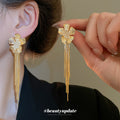 Floral Long Chain Tassel Stud Earrings in Silver and Gold Tones view 3