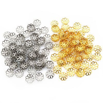 Image 1 showing filigree flower bead caps in two sizes and two metal tones in the pictured colors and forms