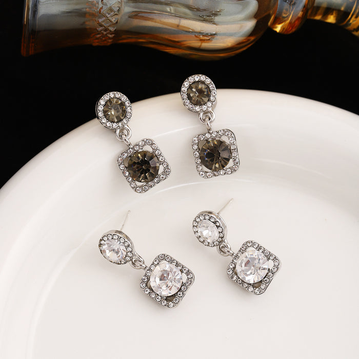 White and Smoky Gray Round Square Halo Stud Earrings