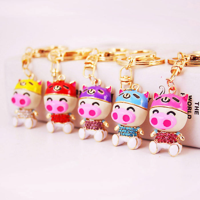 Rhinestone Pig Keychain With Split Ring And Lobster Clasp, 5 Colors