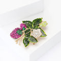 Magenta Rhinestone Berry Brooch Enamel Leaves Butterfly view 3