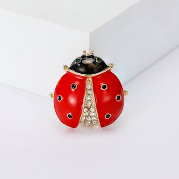 Red Enamel Ladybug Metal Brooch with Crystal Details