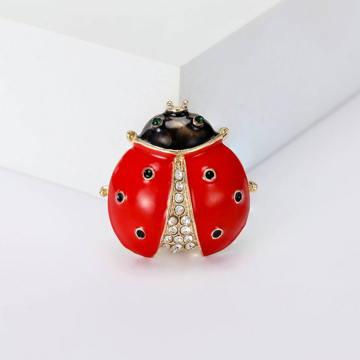 Red Enamel Ladybug Metal Brooch with Crystal Details