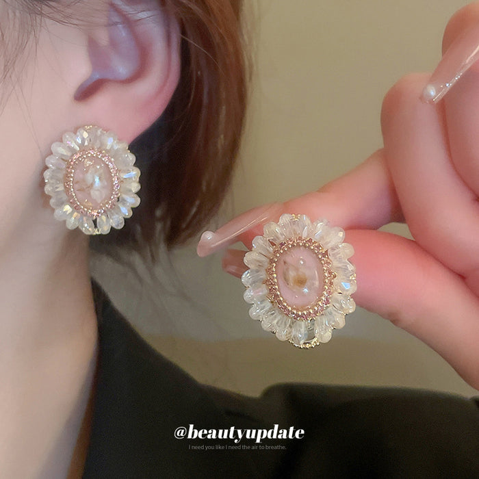 Pink Oval Floral Crystal Stud Earrings For Women Jewelry
