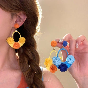 Woven Flower Hoop Drop Earrings in Yellow and Blue Colorways