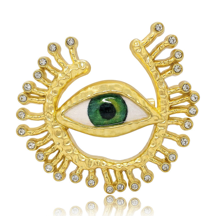 Gold Tone Green Eye Brooch with Crystal Lash Details