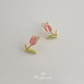 Gold Tone Pink Tulip And Green Stem Stud Earrings For Women view 3