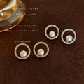Pearl Open Circle Pavé Stud Earrings Gold Silver Tone view 1