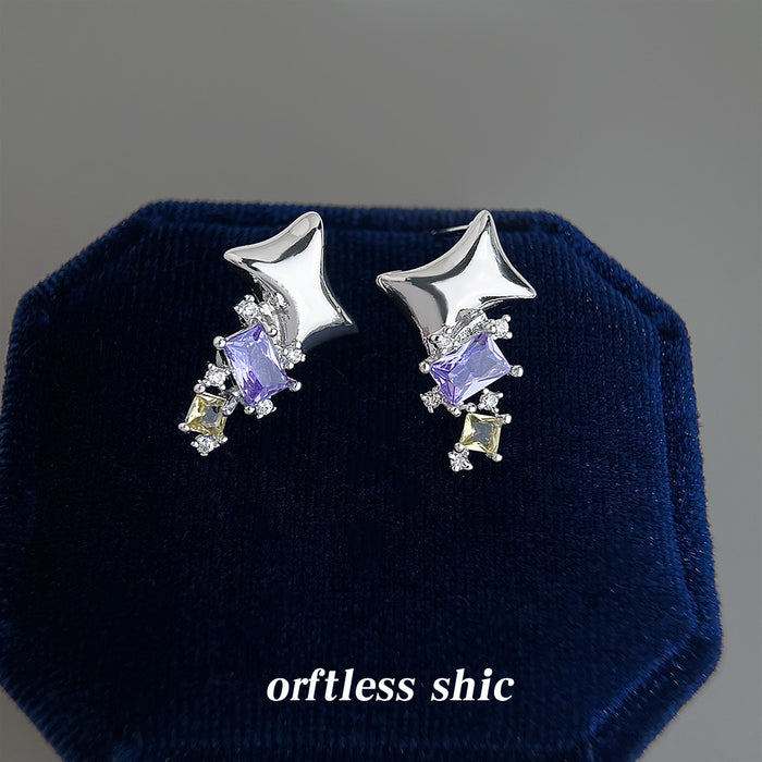 Silver Tone Sculpted Star Purple Square And Clear Stone Stud Earrings