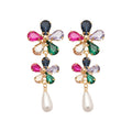 Multicolor Crystal Floral Drop Earrings with Pearl Teardrops view 5