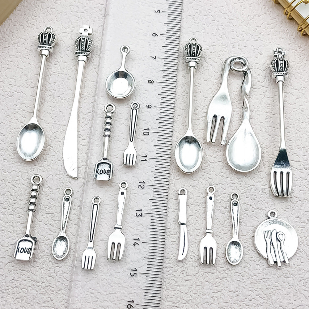 Antique Silver Zinc Alloy Spoon Fork Knife Tableware Charm Pendant for DIY Necklace Keychain