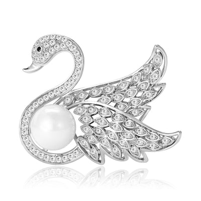 Silver pearl swan brooch front on white