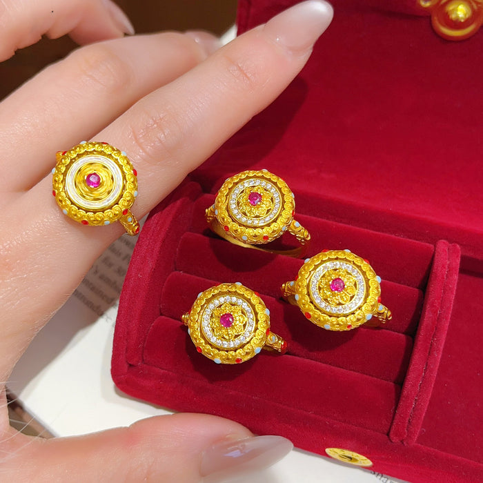 Gold Round Filigree Flower Disc Open Ring Red Center Stone