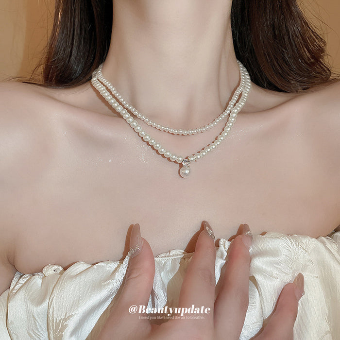 Double Strand Pearl Necklace Crystal Bow Pearl Drop
