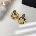 Antique Gold Beaded Hoop Stud Earrings Black CZ Drop view 3