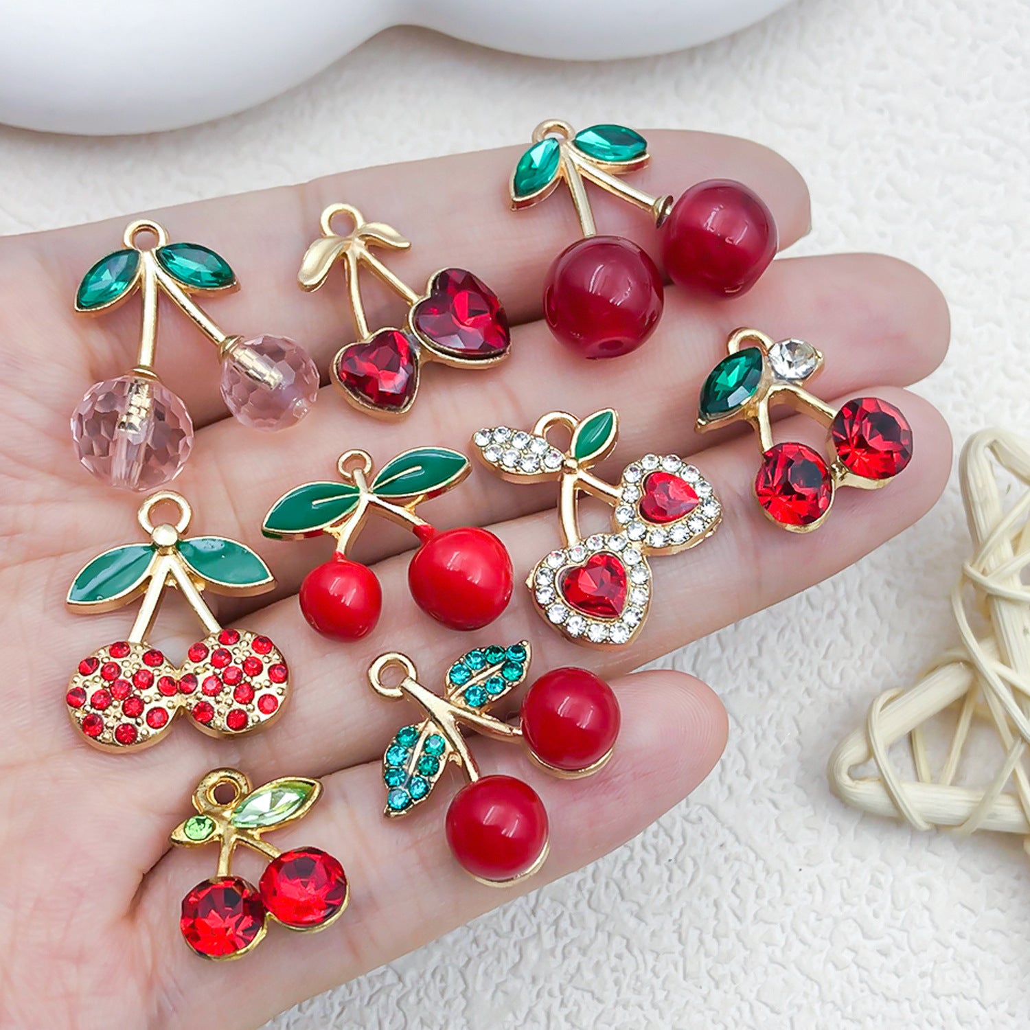 Red Enamel Resin Cherry Strawberry Charm Pendant with Rhinestone for DIY Earrings Necklace
