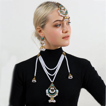 Layered Pearl Look Necklace Earring and Headpiece Jewelry Sets