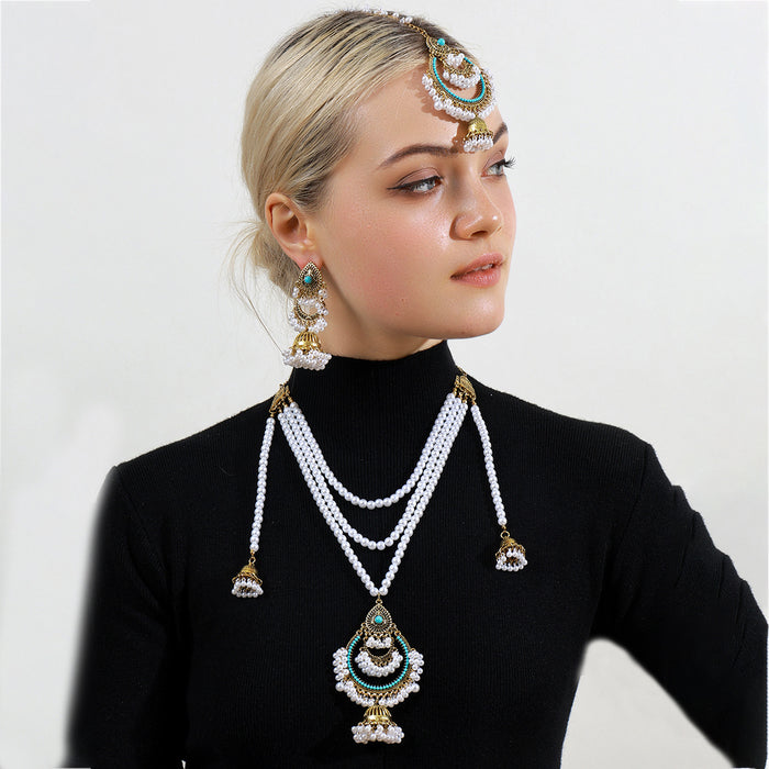 Layered Pearl Look Necklace Earring and Headpiece Jewelry Sets