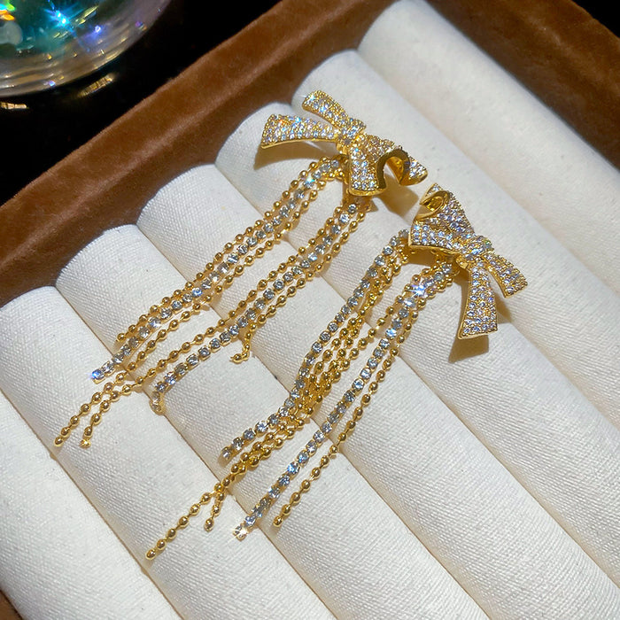 Crystal Bow Multi Chain Tassel Earrings Fashion Jewelry Accessory