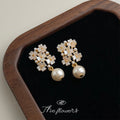 Gold Tone White Flower Cluster Drop Earrings Pearl Dangle view 4