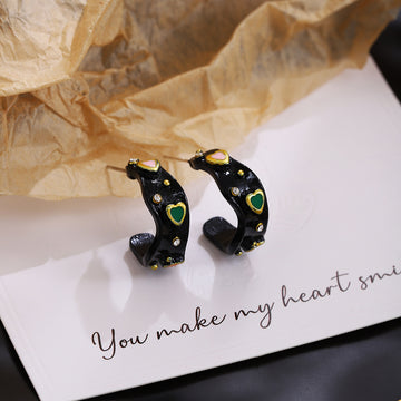 Black Heart Leopard Print Crystal Look Open C Hoop Earrings