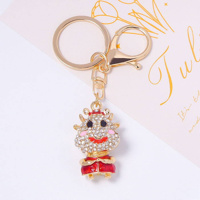 Rhinestone Red Ox Keychain Gold Metal Lucky Bull Charm