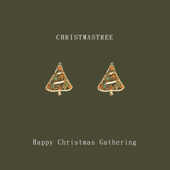 Gold Openwork Christmas Tree Stud Earrings Red Green Stones