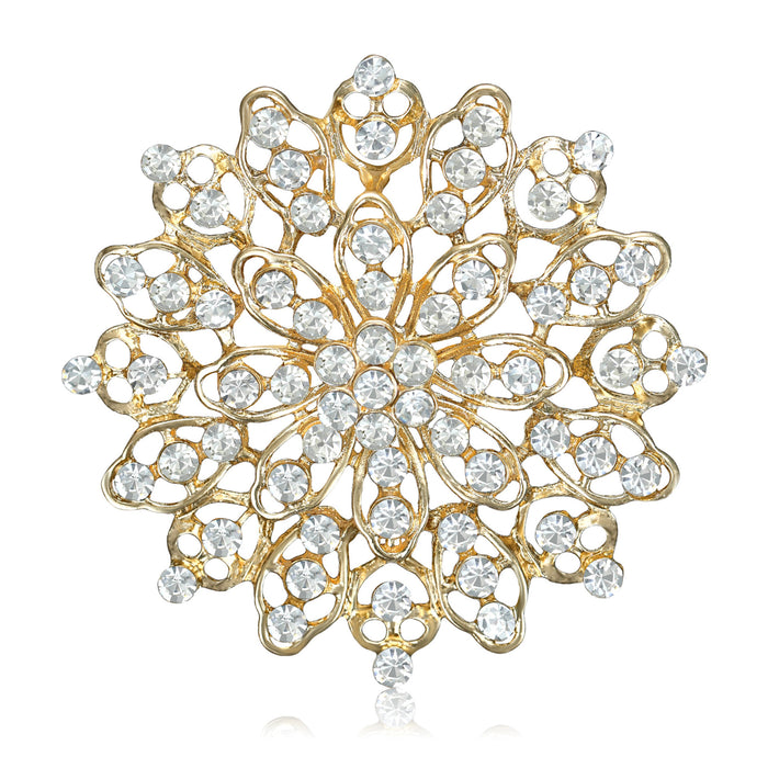 Openwork Crystal Flower Brooch in Gold or Silver Tone