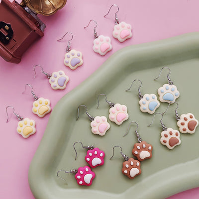 Main product view of silver Tone Colorful Cat Paw Resin Hook Earrings in Seven Colors