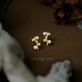 Gold Tone Branch White Pearl And Clear Flower Stud Earrings view 4