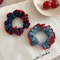Light Blue Denim Red Ruffle Edge Scrunchie Hair Tie view 4